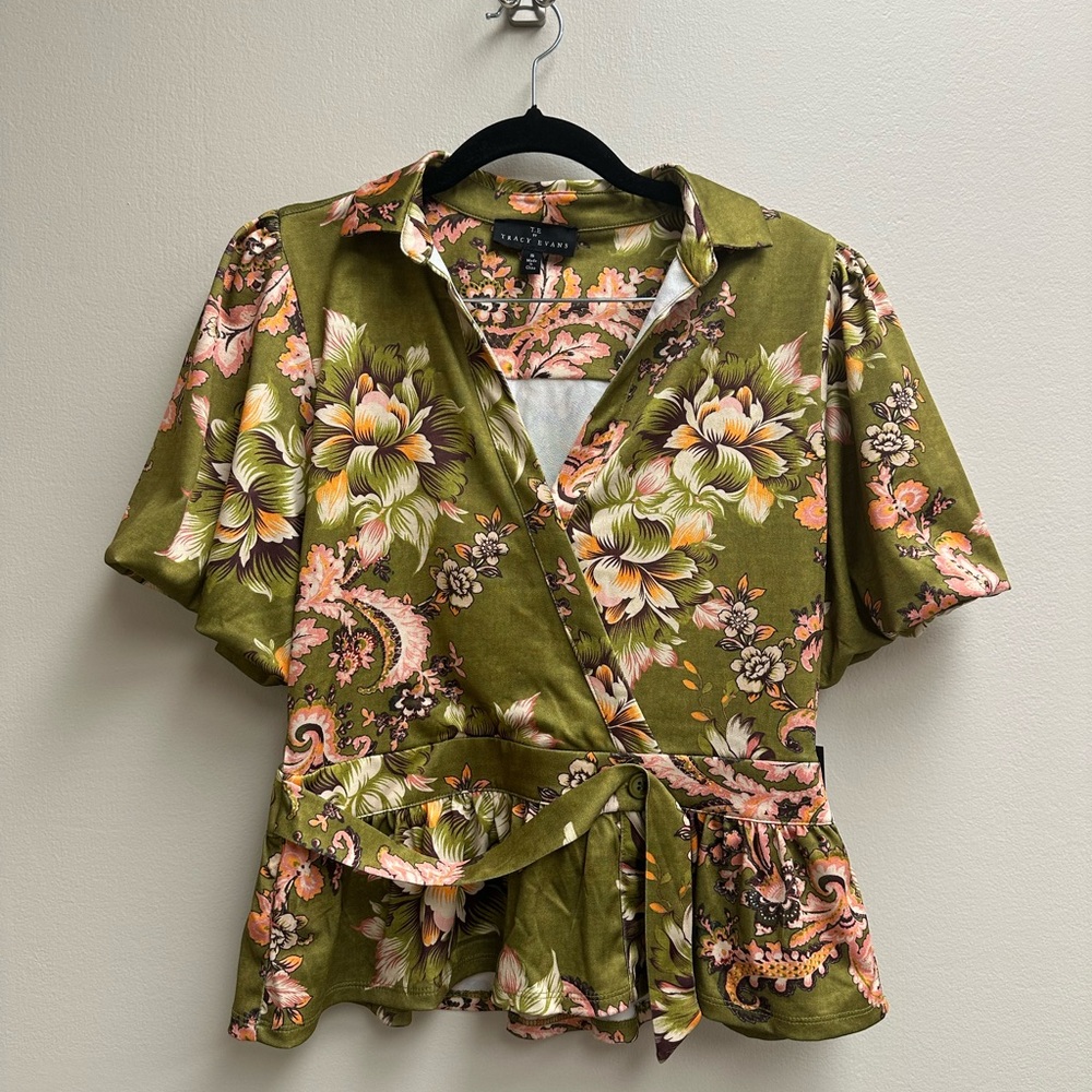 Tracy Evans Green Floral Wrap Top